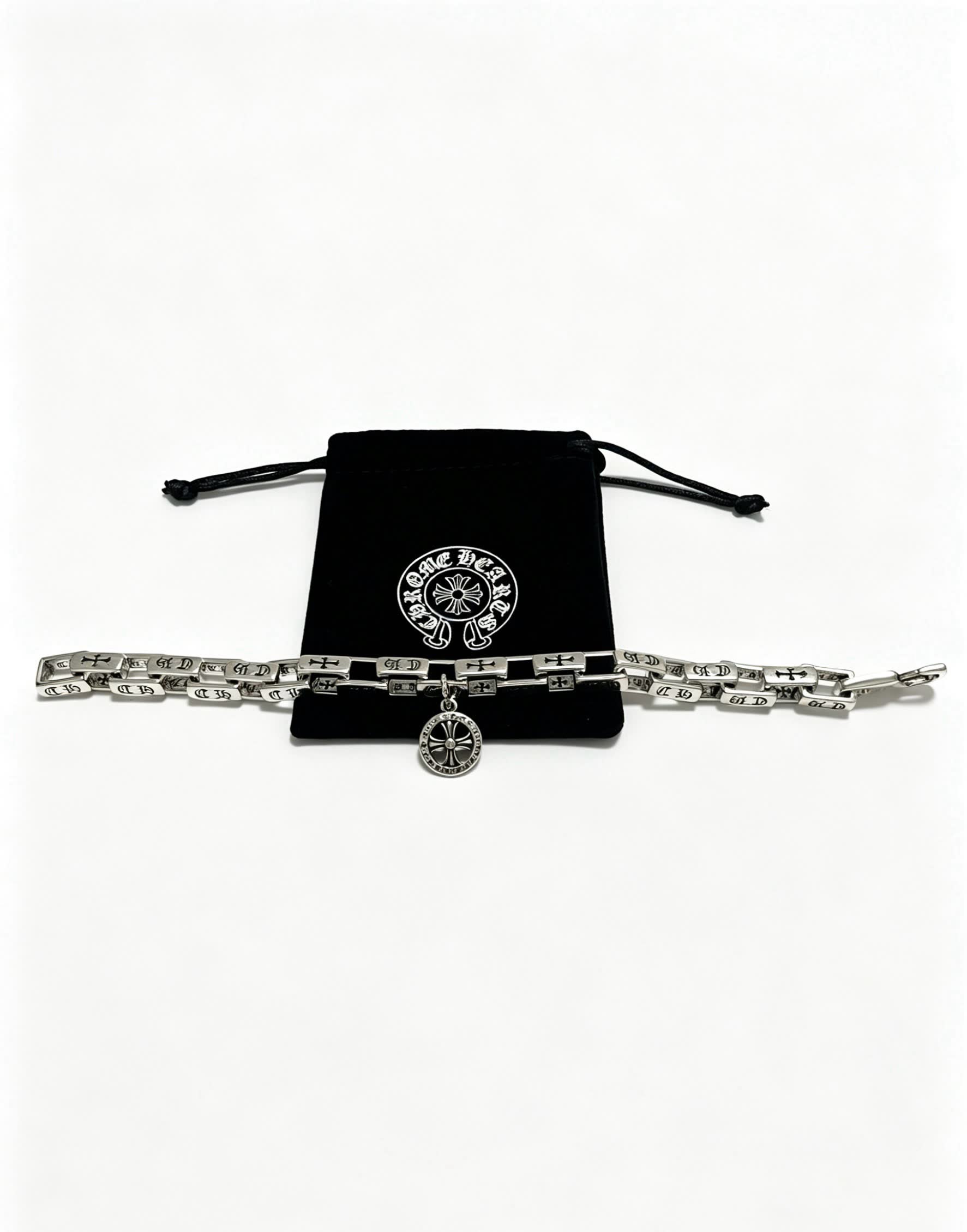 Chrome Hearts Silver Bracelet with Crosses and Wheel Charm